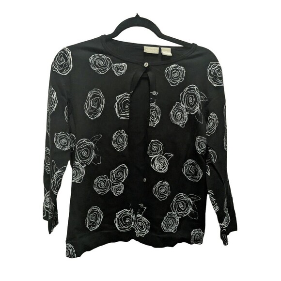Field gear Women 2 Piece Black and White Rose Floral Pattern Button Up Sweater a - Picture 2 of 13